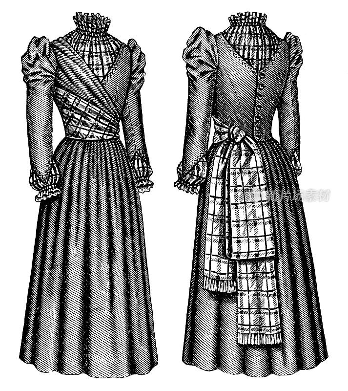 19世纪90年代维多利亚时代的时尚，女士们带褶边的日装与农民的袖子和格子呢腰带紧身胸衣(前面和后面)- 19世纪